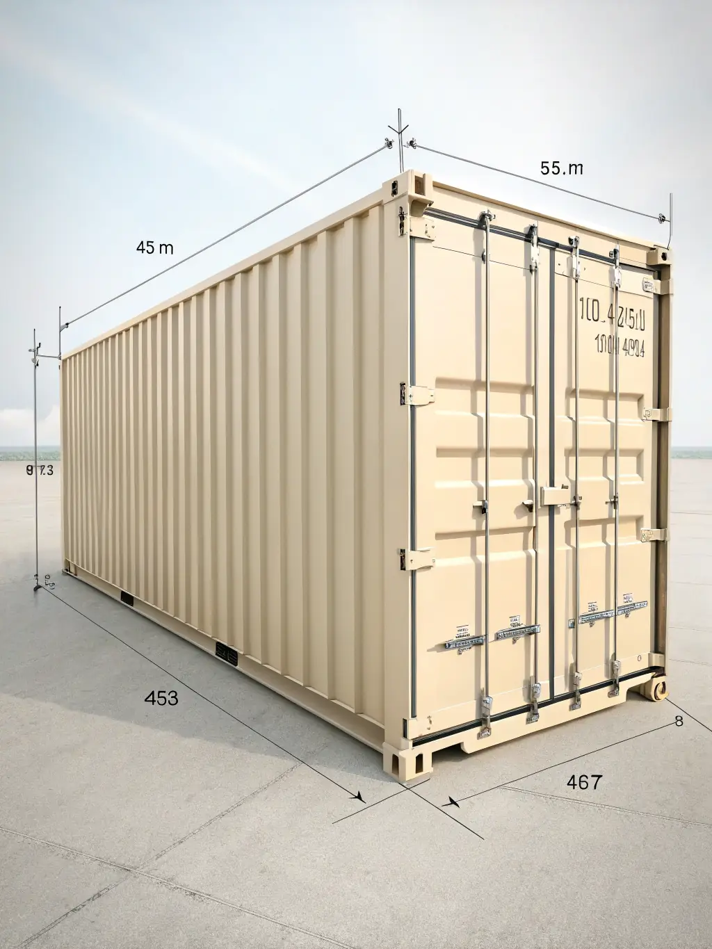 A detailed technical drawing of a 20ft standard shipping container, showing precise external and internal dimensions, door opening size, and weight specifications, with clear labels and annotations.